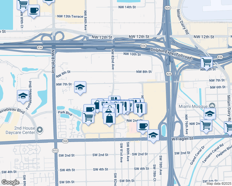 map of restaurants, bars, coffee shops, grocery stores, and more near 551 Northwest 82nd Avenue in Miami