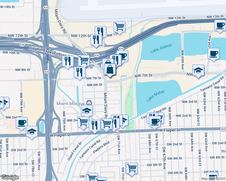 map of restaurants, bars, coffee shops, grocery stores, and more near 555 Northwest 72nd Avenue in Miami