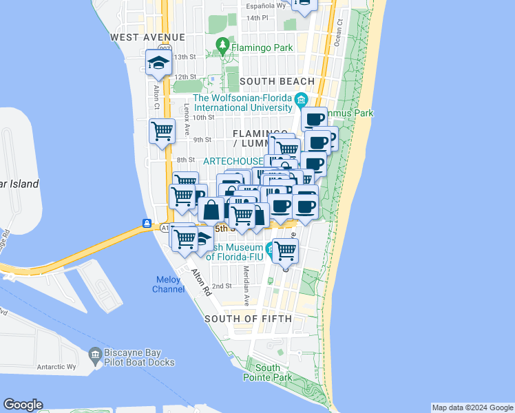 map of restaurants, bars, coffee shops, grocery stores, and more near 741 6th Street in Miami Beach