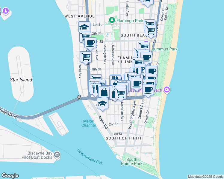 map of restaurants, bars, coffee shops, grocery stores, and more near 610 Jefferson Avenue in Miami Beach