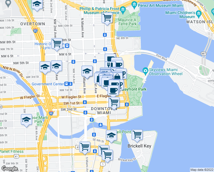 map of restaurants, bars, coffee shops, grocery stores, and more near 204 Northeast 2nd Street in Miami