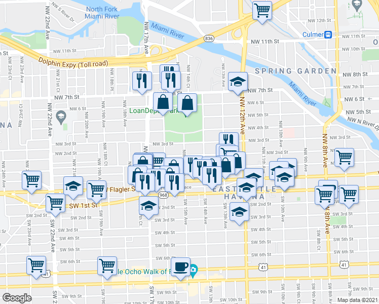 map of restaurants, bars, coffee shops, grocery stores, and more near 1510 Northwest 3rd Street in Miami