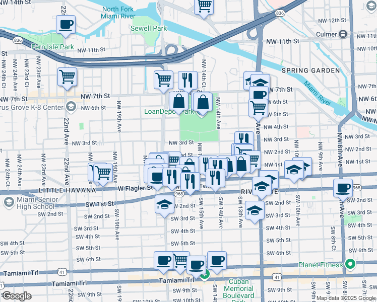 map of restaurants, bars, coffee shops, grocery stores, and more near 1510 Northwest 3rd Street in Miami