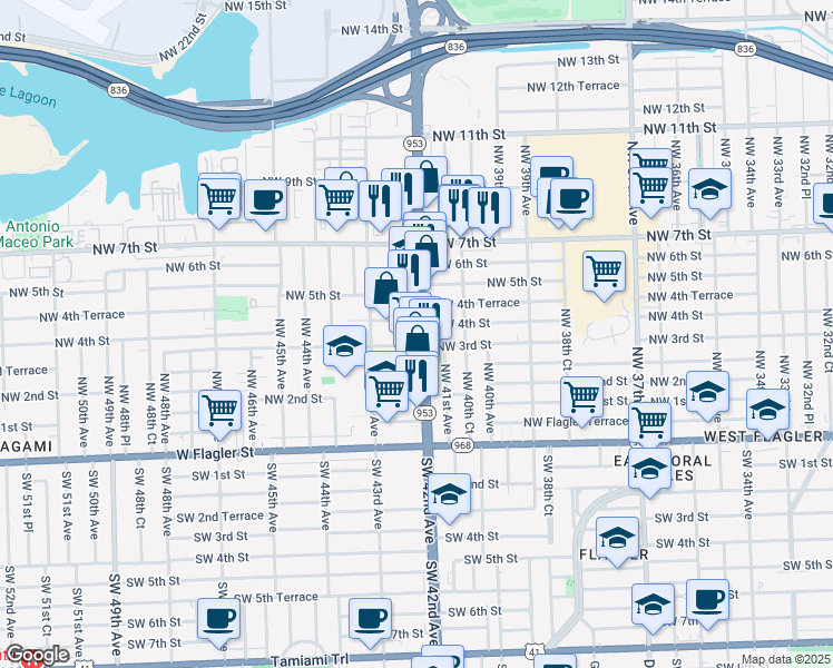 map of restaurants, bars, coffee shops, grocery stores, and more near 4115 Northwest 4th Street in Miami