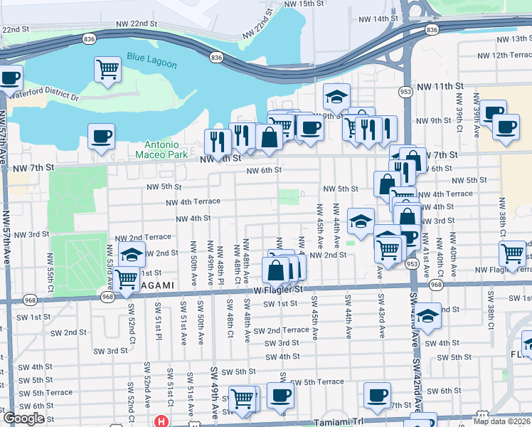 map of restaurants, bars, coffee shops, grocery stores, and more near 4710 Northwest 4th Terrace in Miami