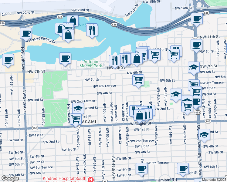 map of restaurants, bars, coffee shops, grocery stores, and more near 4870 Northwest 4th Street in Miami
