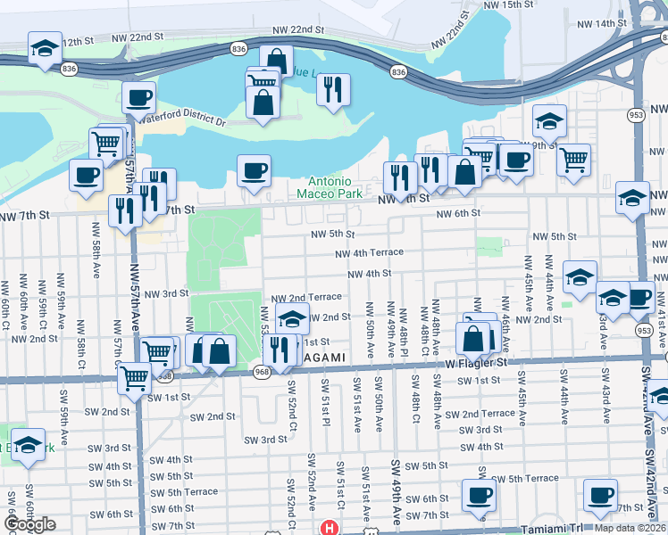 map of restaurants, bars, coffee shops, grocery stores, and more near 5122 Northwest 4th Terrace in Miami