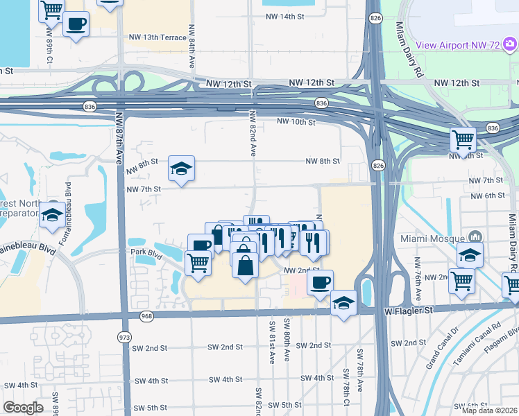 map of restaurants, bars, coffee shops, grocery stores, and more near 551 Northwest 82nd Avenue in Miami