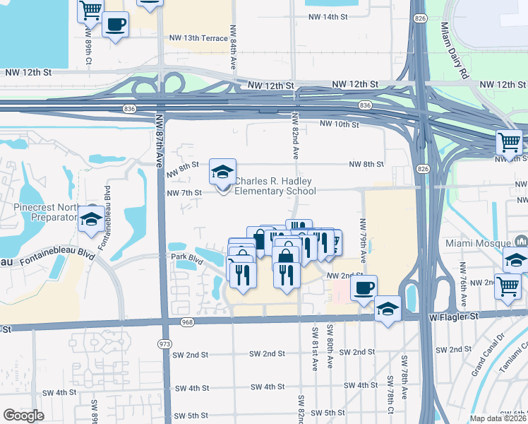 map of restaurants, bars, coffee shops, grocery stores, and more near 8310 Northwest 7th Street in Miami