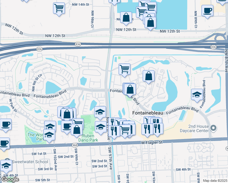 map of restaurants, bars, coffee shops, grocery stores, and more near 9609 Fontainebleau Boulevard in Miami