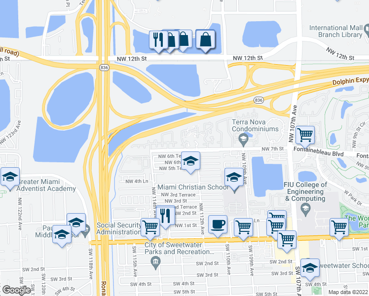 map of restaurants, bars, coffee shops, grocery stores, and more near 11335 Northwest 7th Street in Miami