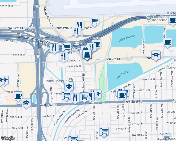 map of restaurants, bars, coffee shops, grocery stores, and more near 555 Northwest 72nd Avenue in Miami