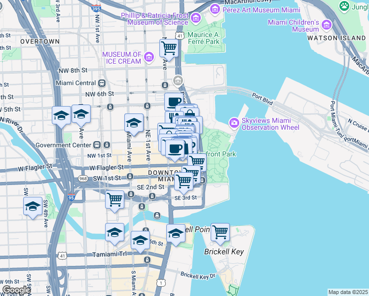 map of restaurants, bars, coffee shops, grocery stores, and more near 137 Northeast 3rd Avenue in Miami