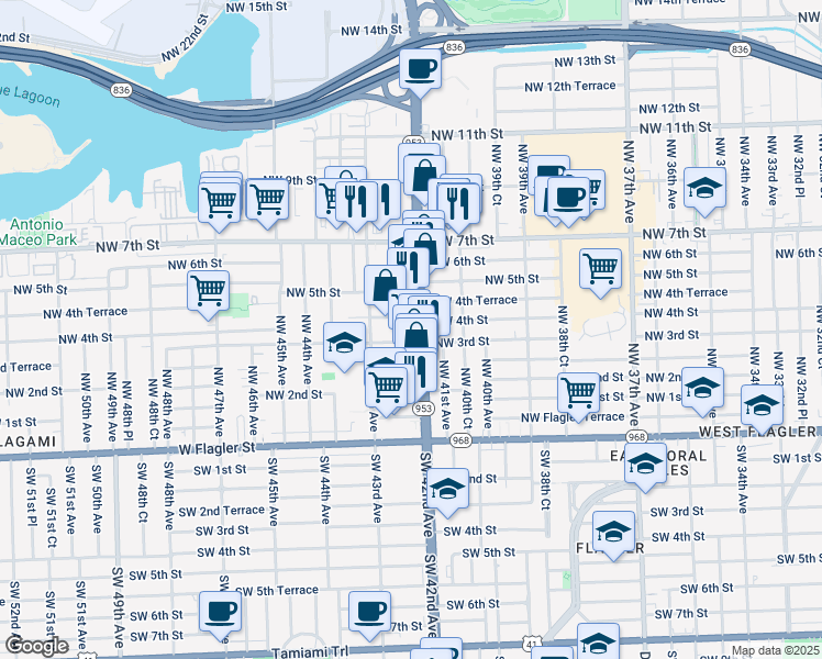 map of restaurants, bars, coffee shops, grocery stores, and more near 4115 Northwest 4th Street in Miami
