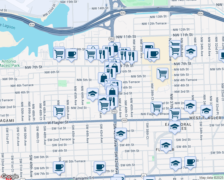 map of restaurants, bars, coffee shops, grocery stores, and more near 4115 Northwest 4th Street in Miami