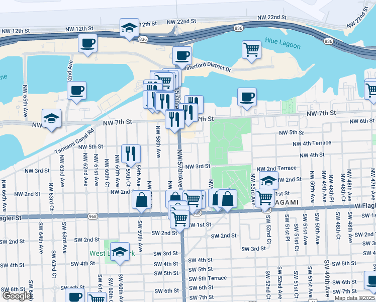 map of restaurants, bars, coffee shops, grocery stores, and more near 437 Northwest 57th Avenue in Miami
