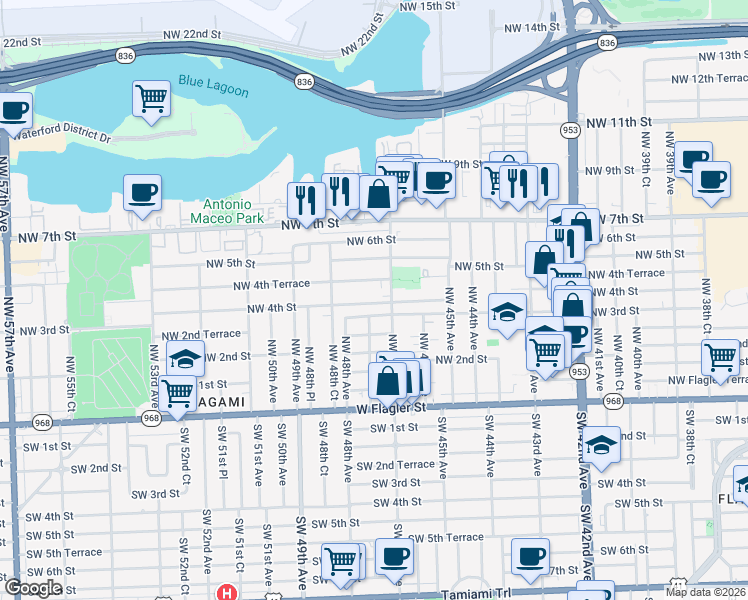 map of restaurants, bars, coffee shops, grocery stores, and more near 4710 Northwest 4th Terrace in Miami