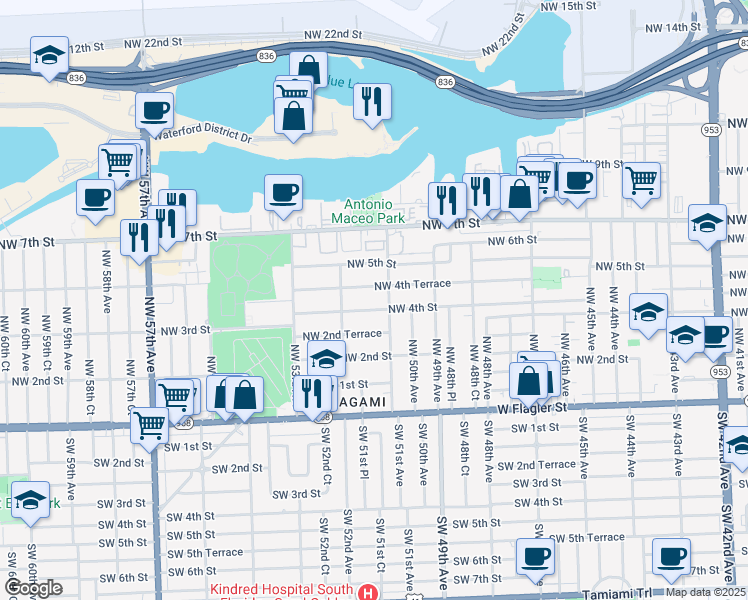 map of restaurants, bars, coffee shops, grocery stores, and more near 5122 Northwest 4th Terrace in Miami
