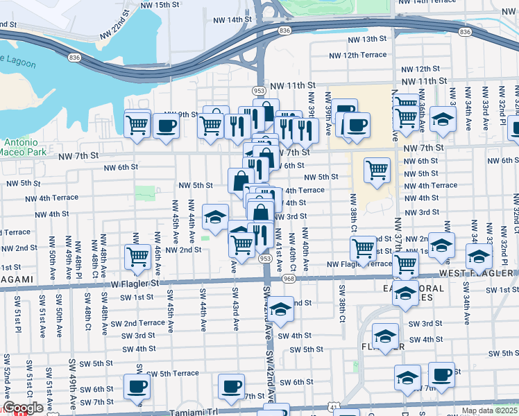 map of restaurants, bars, coffee shops, grocery stores, and more near 4115 Northwest 4th Street in Miami