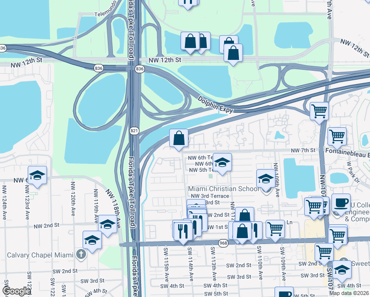 map of restaurants, bars, coffee shops, grocery stores, and more near 11411 Northwest 7th Street in Miami