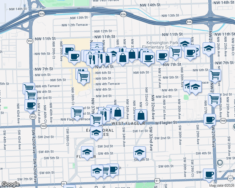 map of restaurants, bars, coffee shops, grocery stores, and more near 3432 Northwest 4th Street in Miami