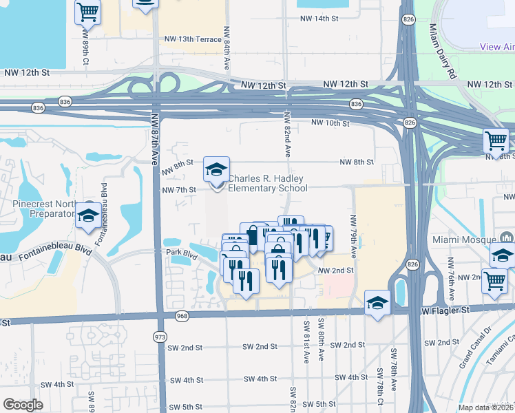 map of restaurants, bars, coffee shops, grocery stores, and more near 8310 Northwest 7th Street in Miami