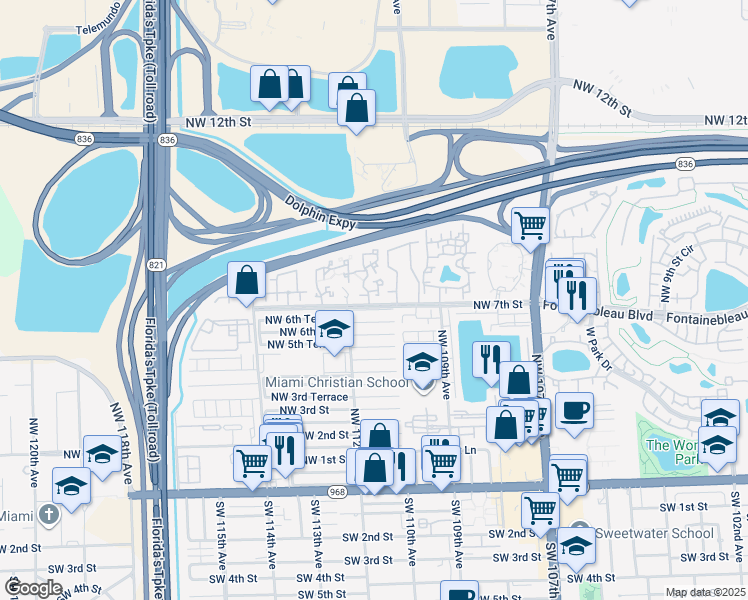 map of restaurants, bars, coffee shops, grocery stores, and more near 701 Northwest 111th Court in Miami