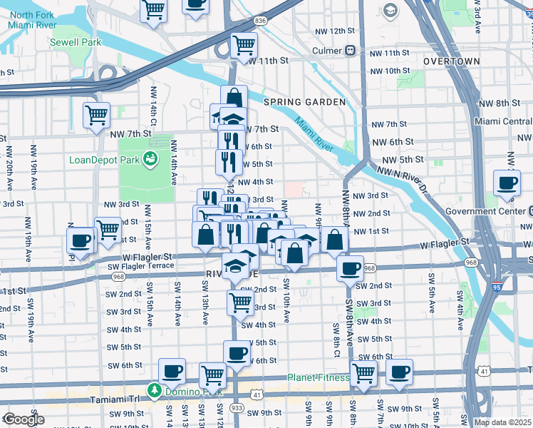 map of restaurants, bars, coffee shops, grocery stores, and more near 1046 Northwest 3rd Street in Miami