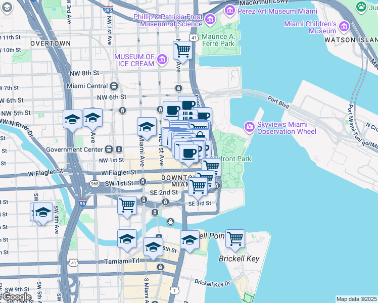 map of restaurants, bars, coffee shops, grocery stores, and more near 204 Northeast 2nd Street in Miami