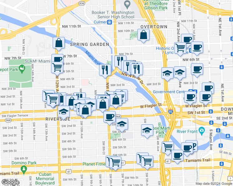 map of restaurants, bars, coffee shops, grocery stores, and more near 212 Northwest 7th Avenue in Miami