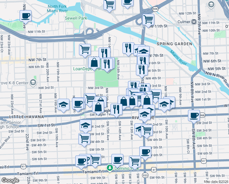 map of restaurants, bars, coffee shops, grocery stores, and more near 1420 Northwest 3rd Street in Miami