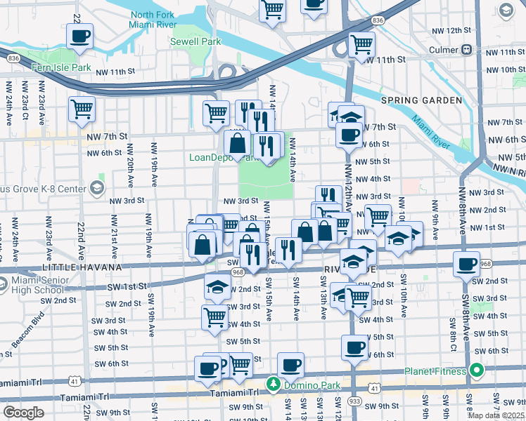 map of restaurants, bars, coffee shops, grocery stores, and more near 1510 Northwest 3rd Street in Miami