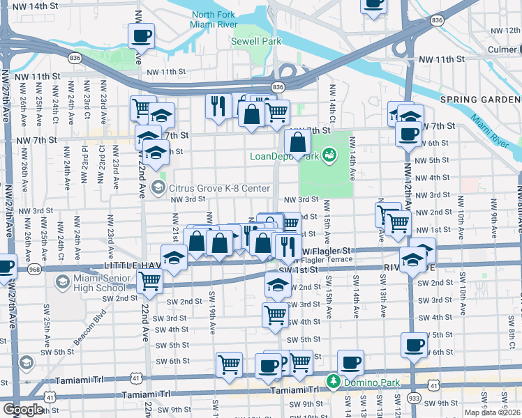 map of restaurants, bars, coffee shops, grocery stores, and more near 1778 Northwest 3rd Street in Miami