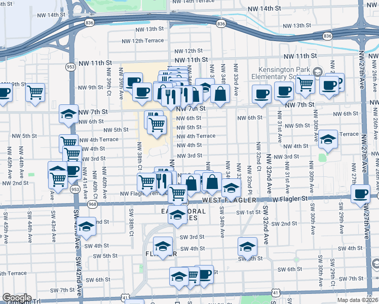 map of restaurants, bars, coffee shops, grocery stores, and more near 3650 Northwest 4th Street in Miami