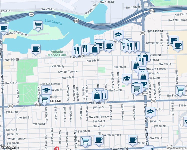map of restaurants, bars, coffee shops, grocery stores, and more near 4710 Northwest 4th Terrace in Miami