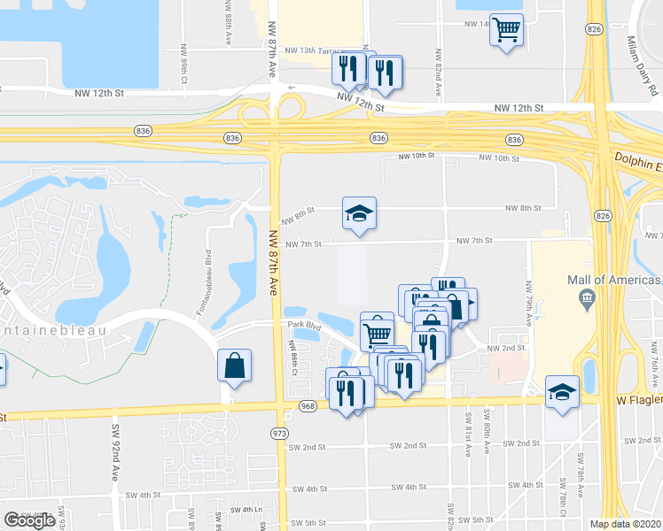 map of restaurants, bars, coffee shops, grocery stores, and more near 670 Northwest 85th Court in Miami