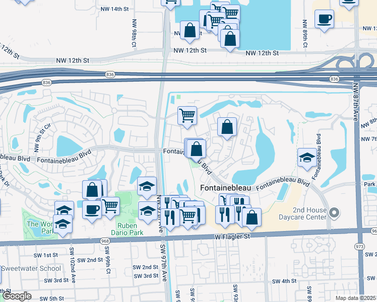 map of restaurants, bars, coffee shops, grocery stores, and more near 9591 Fontainebleau Boulevard in Miami