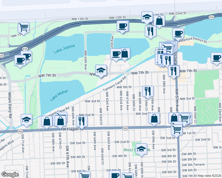 map of restaurants, bars, coffee shops, grocery stores, and more near 6250 Northwest 5th Street in Miami