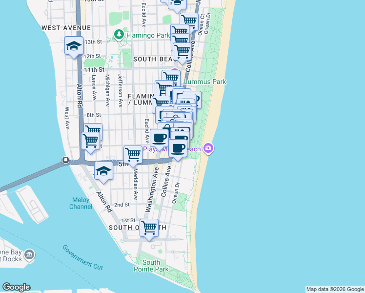 map of restaurants, bars, coffee shops, grocery stores, and more near 620 Ocean Drive in Miami Beach