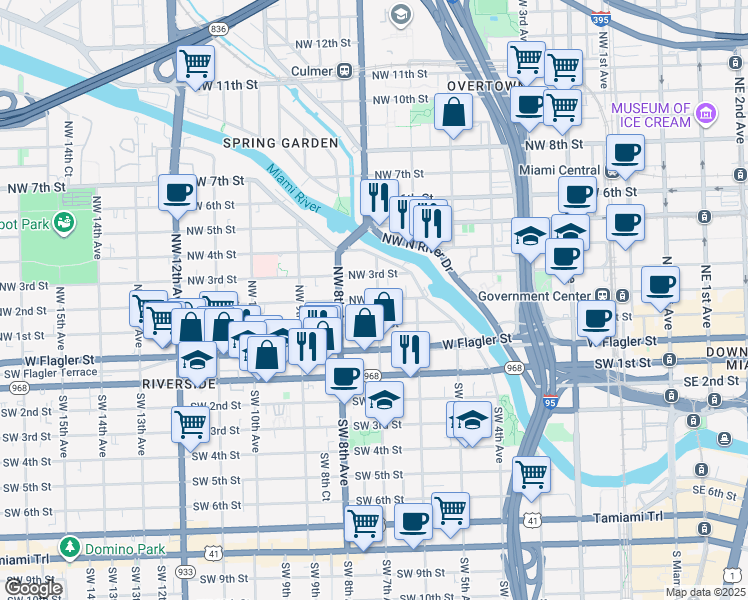 map of restaurants, bars, coffee shops, grocery stores, and more near 212 Northwest 7th Avenue in Miami