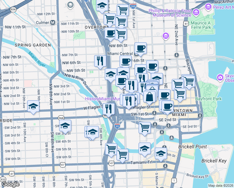 map of restaurants, bars, coffee shops, grocery stores, and more near 270 Northwest 2nd Street in Miami