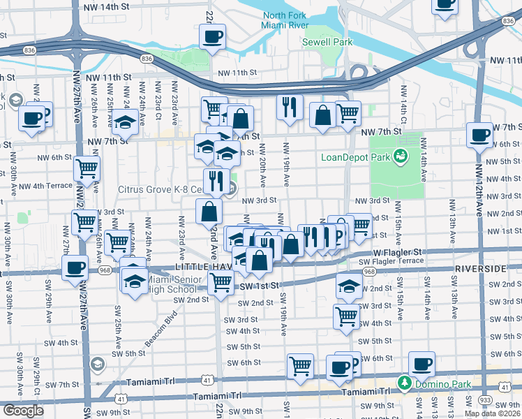 map of restaurants, bars, coffee shops, grocery stores, and more near 1922 Northwest 3rd Street in Miami
