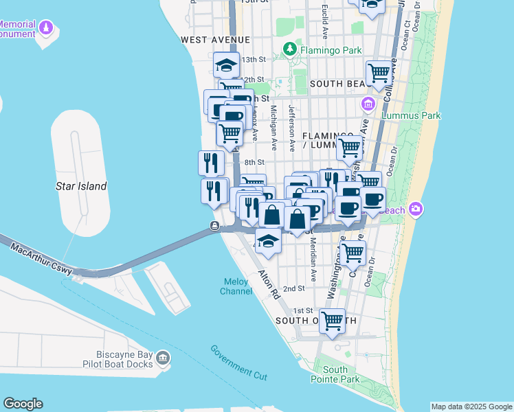 map of restaurants, bars, coffee shops, grocery stores, and more near Lenox Ave & 6th St in Miami Beach