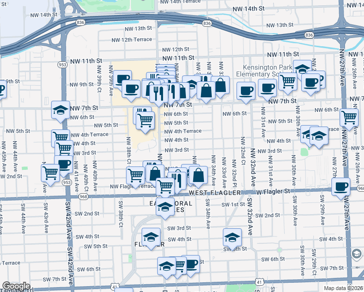 map of restaurants, bars, coffee shops, grocery stores, and more near 3504 Northwest 4th Street in Miami