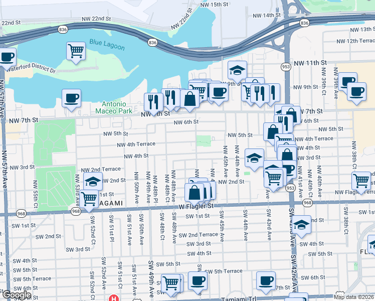 map of restaurants, bars, coffee shops, grocery stores, and more near 4710 Northwest 4th Terrace in Miami