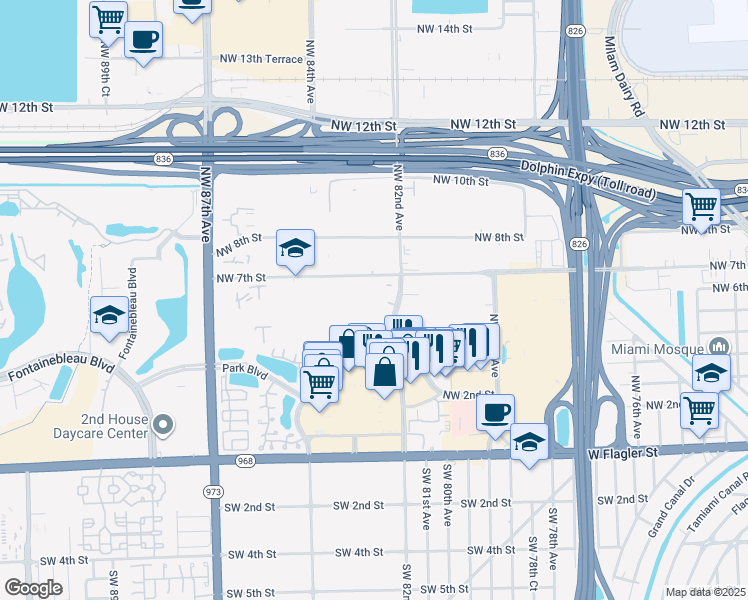 map of restaurants, bars, coffee shops, grocery stores, and more near 8251 Northwest 5th Lane in Miami