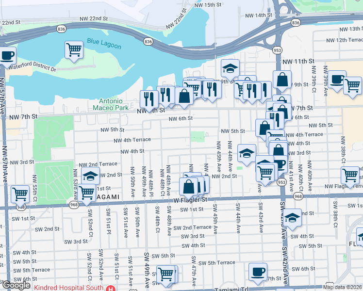 map of restaurants, bars, coffee shops, grocery stores, and more near 4710 Northwest 4th Terrace in Miami
