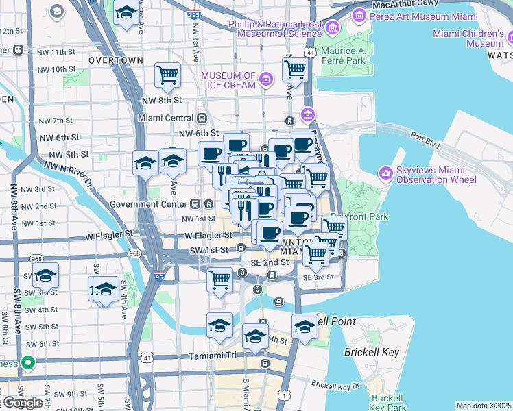 map of restaurants, bars, coffee shops, grocery stores, and more near 50 Northeast 2nd Street in Miami