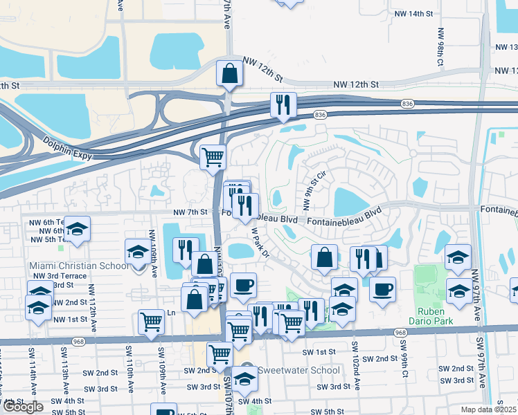 map of restaurants, bars, coffee shops, grocery stores, and more near 710 Northwest 105th Place in Miami
