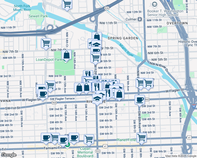 map of restaurants, bars, coffee shops, grocery stores, and more near 219 Northwest 12th Avenue in Miami